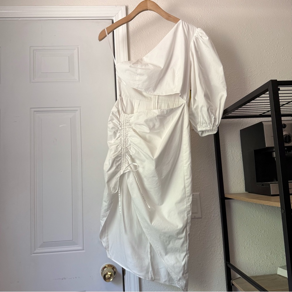 SAU LEE white cotton puff long sleeve one shoulder cutout draped ruched midi